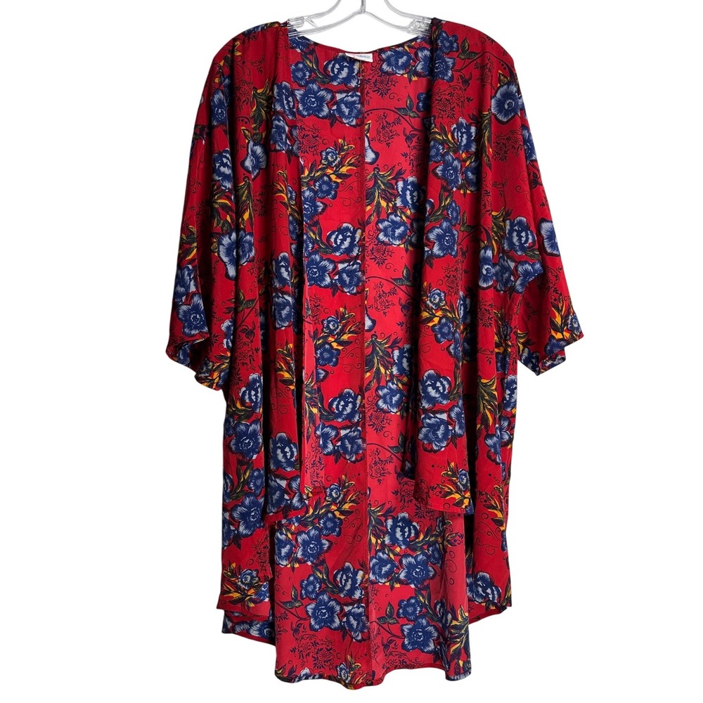 LuLaRoe Shirley Kimono Wrap Womens Medium Red Blue Floral Open Front Cardigan